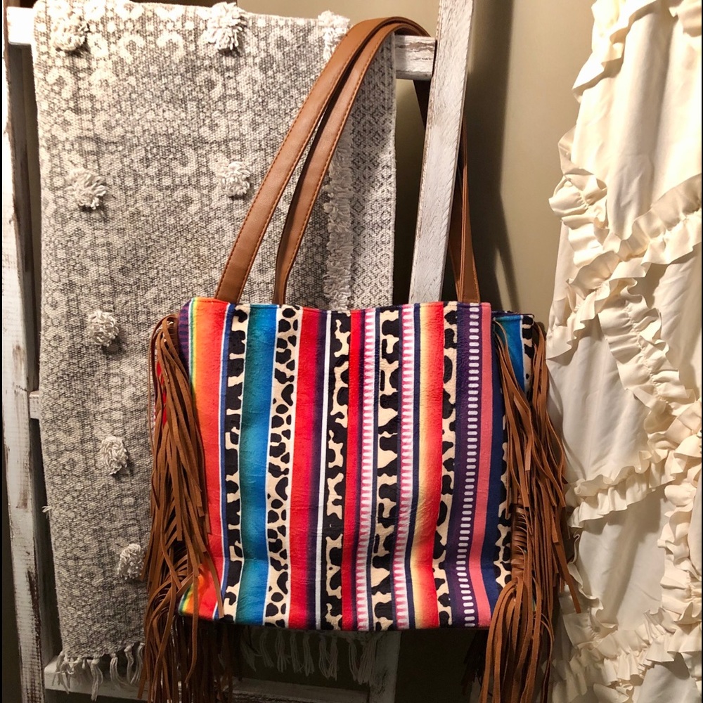 Leopard Aztec fringe shoulder bag
